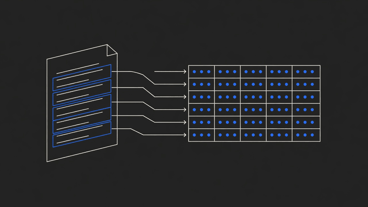 A document with boxed lines flowing into a grid of dots forming a table