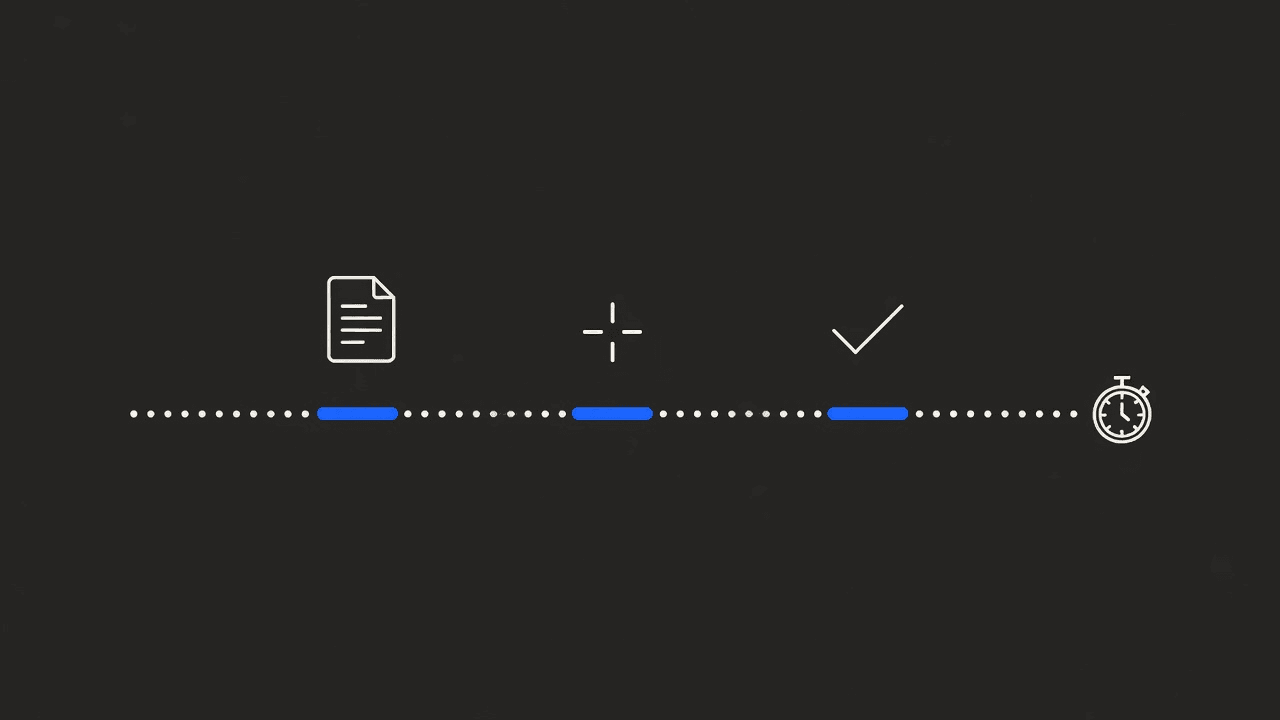 A dotted timeline with three short blue stages and a stopwatch